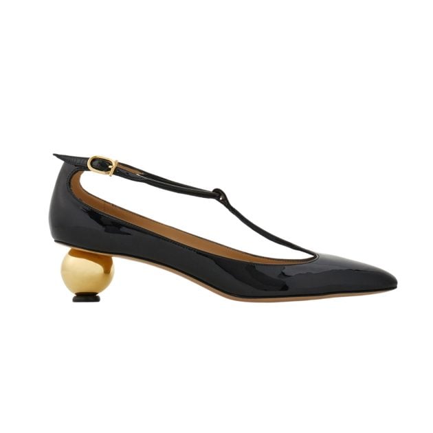 Ferragamo glossy patent leather almond toe pumps with a spherical gold heel