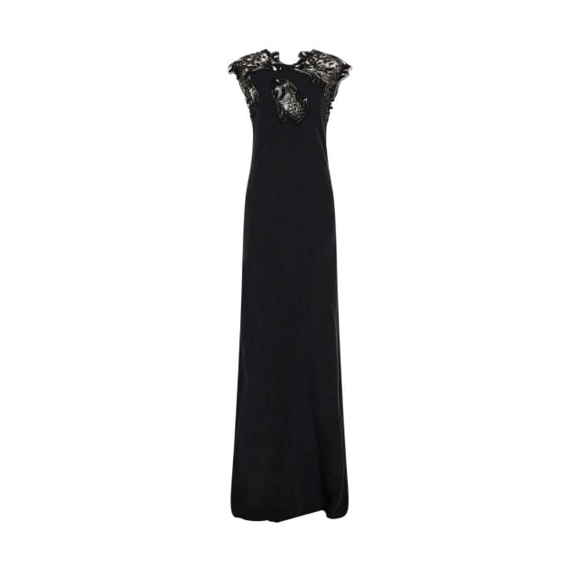Ferragamo black silk evening dress with lace trim along the neckline and shoulders