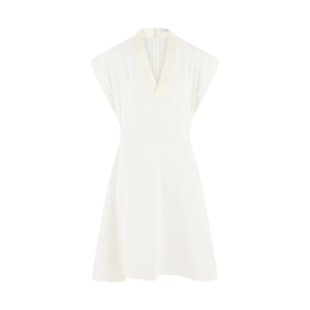 Ferragamo white midi dress featuring short sleeves and a cream V-neck detail