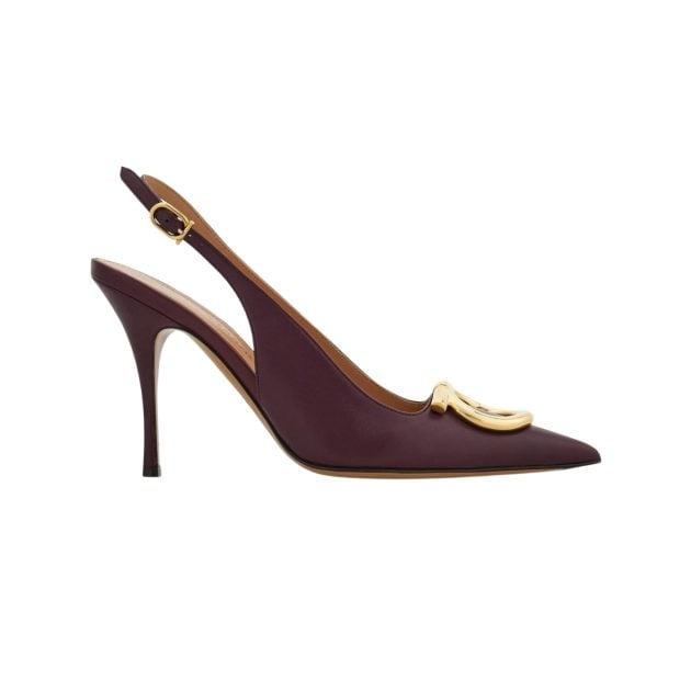 Ferragamo maroon leather slingback stilettos with golden hardware