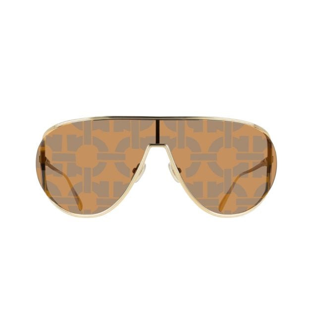 Ferragamo women’s dark gold metal pilot mask sunglasses with open-edge lenses