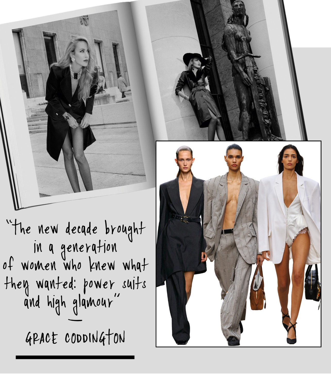 A collage featuring a black-and-white magazine spread of a fashion model, paired with runway photos of models in grey, black, and white suits