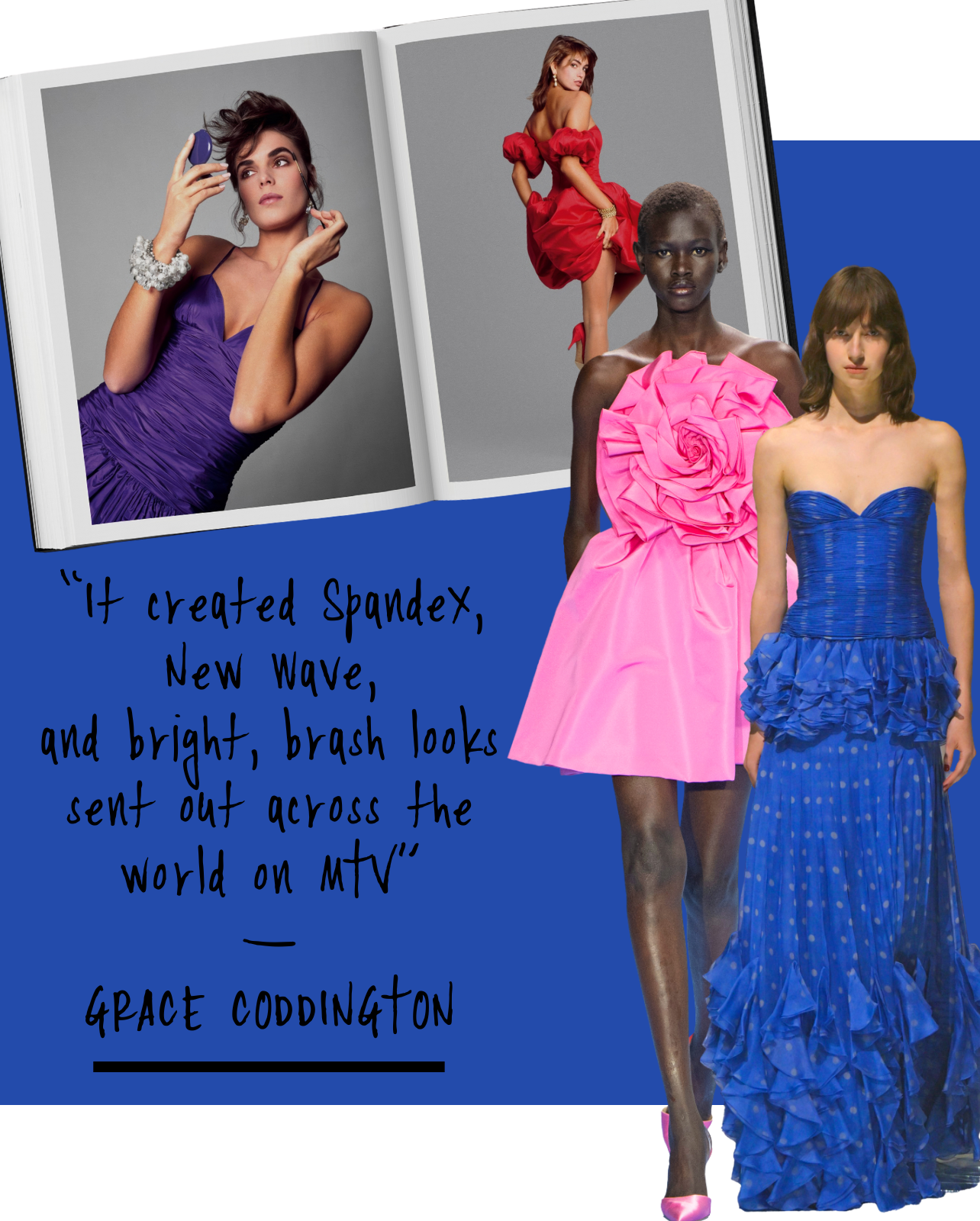 A collage featuring a magazine spread of two fashion models in purple and red dresses, alongside photos of runway models in pink and blue dresses