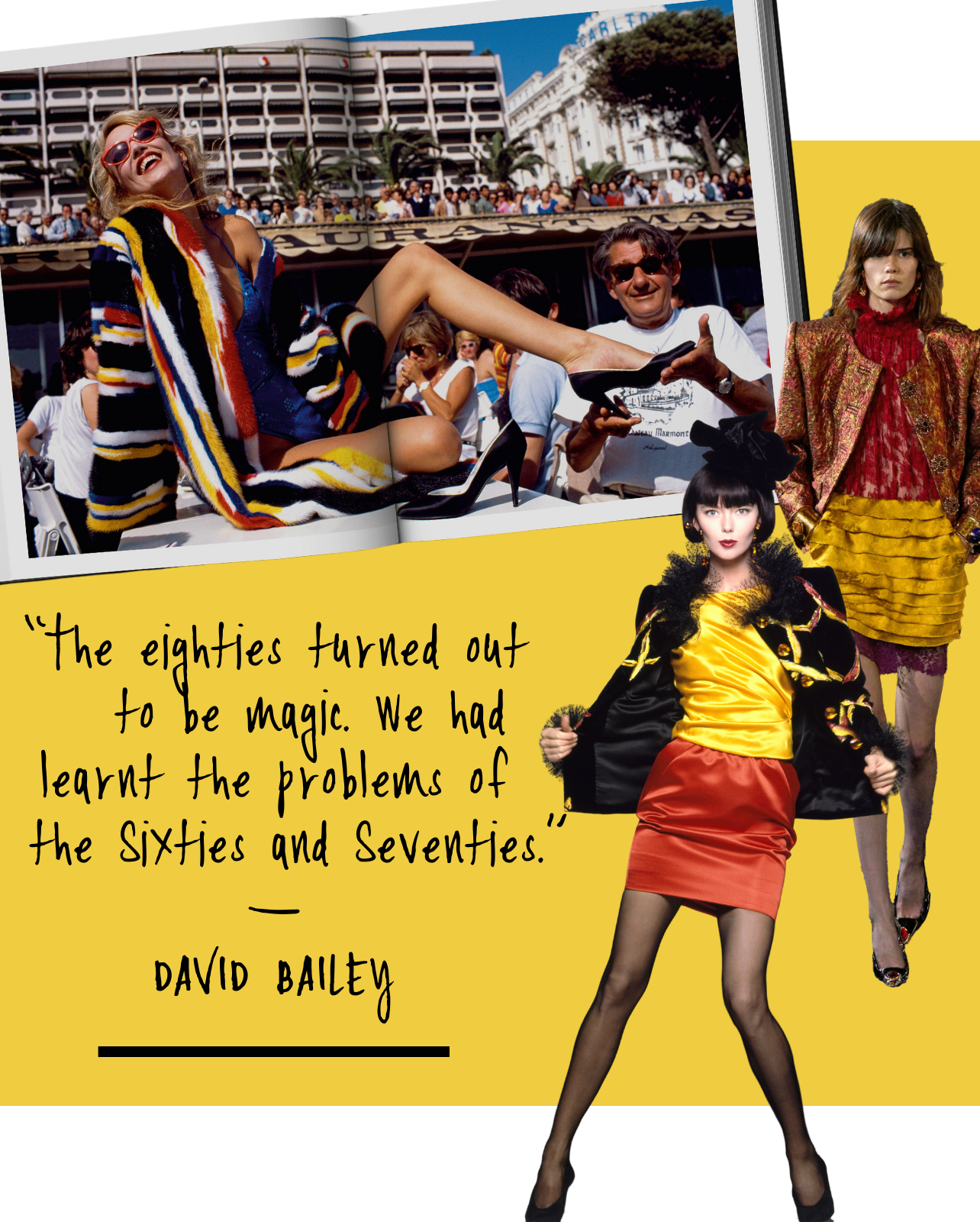 A collage featuring a magazine spread of a fashion model showcasing her black heels, alongside photos of fashion models wearing yellow and red hues