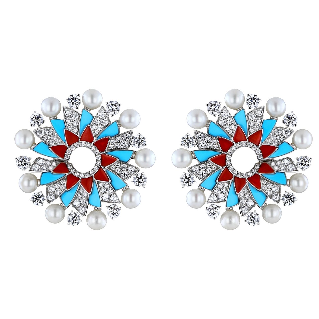 Jacob & Co earrings made of pearls, diamonds, turquoise, and rubram corals