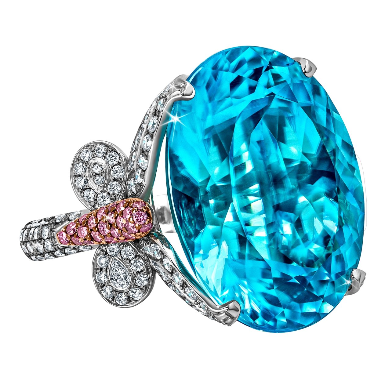Jacob & Co cocktail ring in platinum and rose gold with a large oval paraiba tourmaline stone in center and a band of pink and white diamonds