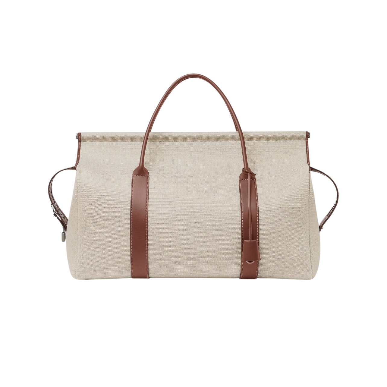 Loro Piana weekender duffel bag made of natural cotton-linen blend, featuring brown leather trim and antique silver hardware