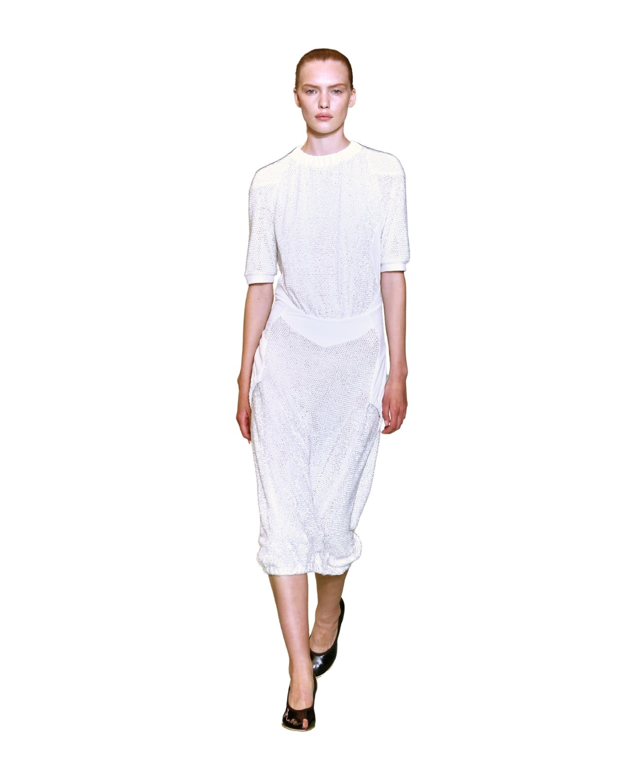 Tory Burch model wearing a white shear dress