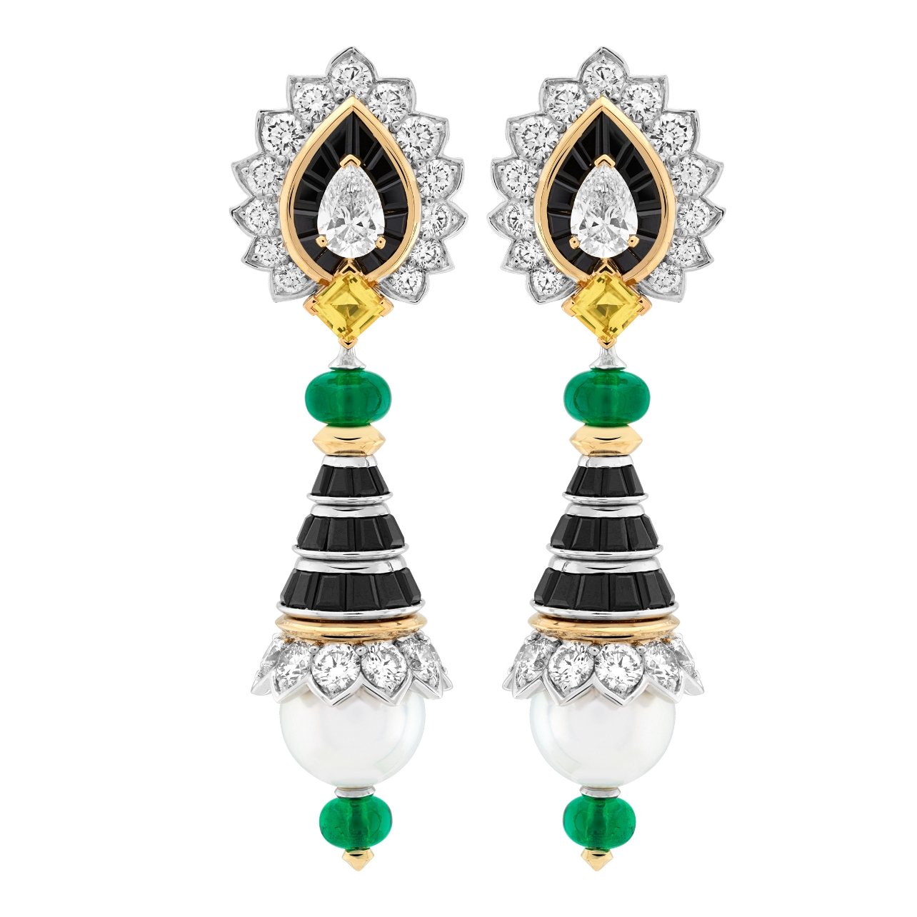 Van Cleef & Arpels diamond and pearl earrings with emeralds, yellow sapphires, and black spinels