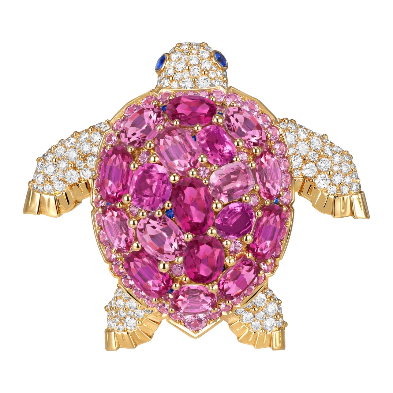 Van Cleef & Arpels yellow gold clip in the shape of a turtle covered in diamonds, and pink sapphires