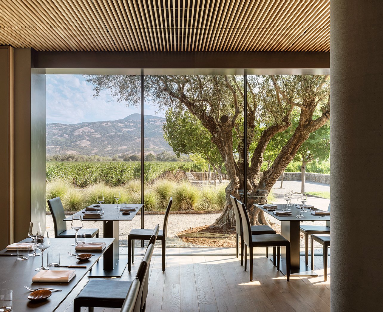 Dining room of Cyrus restaurant with large windows overlooking trees and vineyards