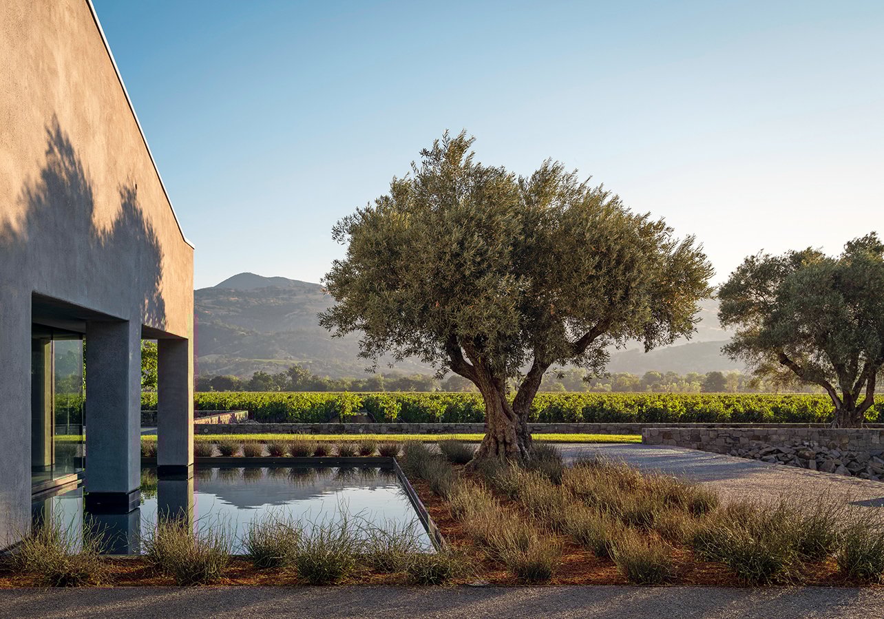 An exterior view of Cyrus Restaurant, nestled among trees, vineyards, and mountains in Sonoma County