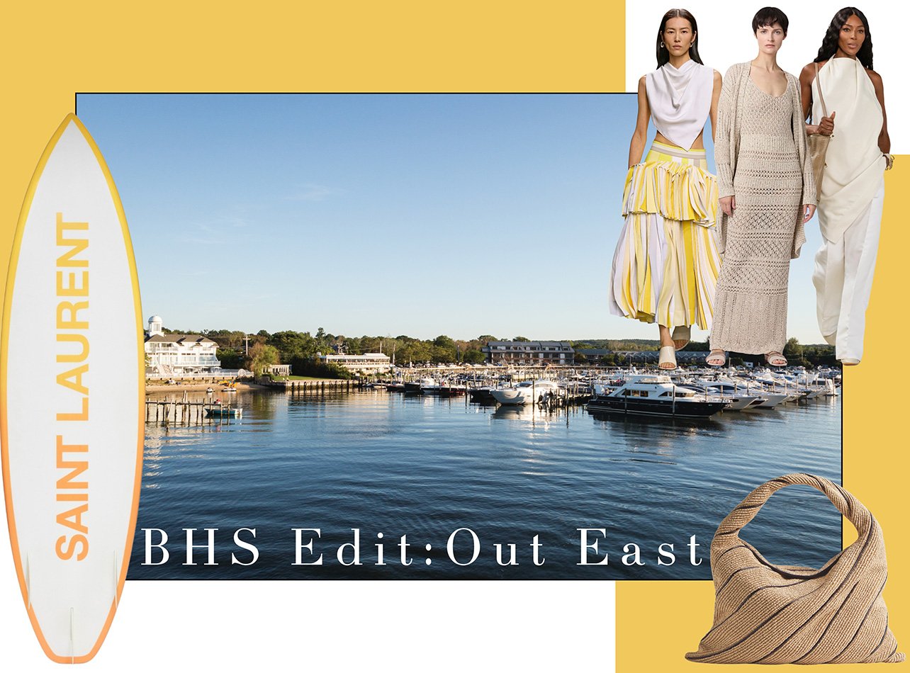 Image of Hamptons, with model, a yellow saint Laurent surfboard