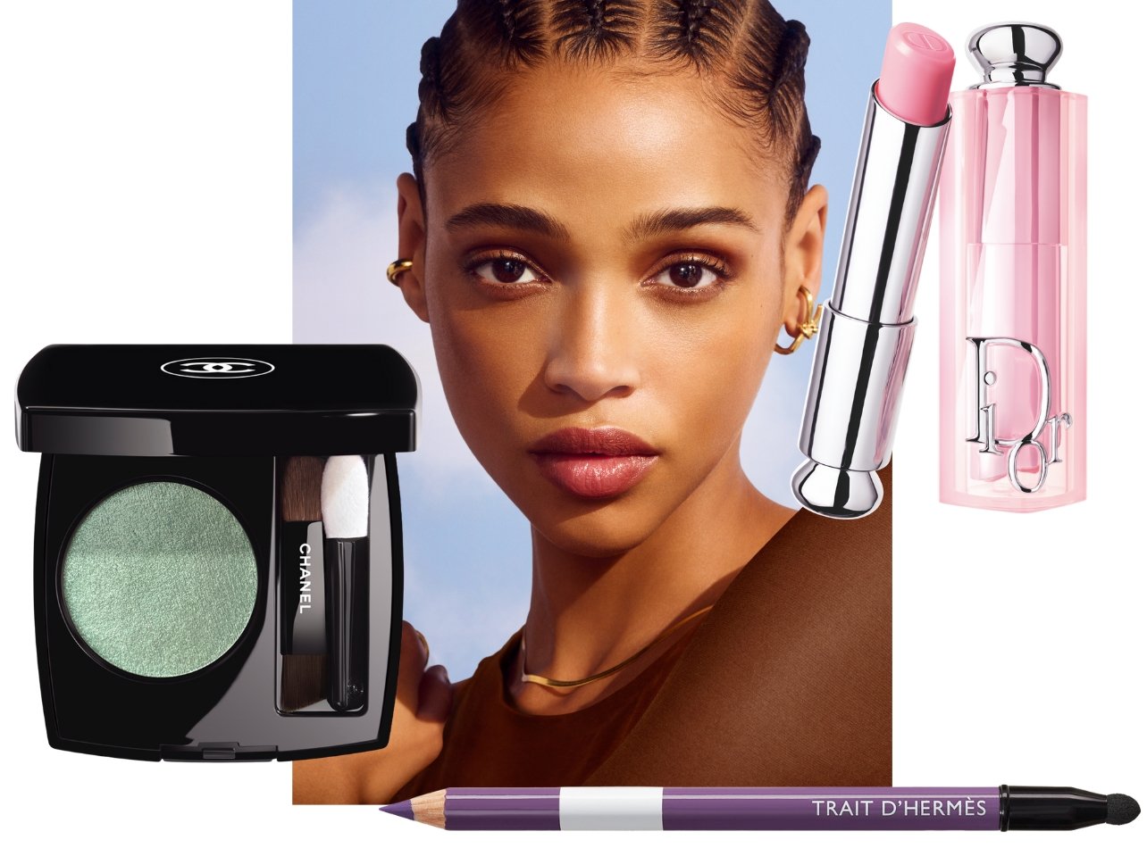 Collage featuring Dior, Hermès, and Chanel beauty products alongside a close-up beauty portrait of a model with glowing skin and minimal makeup
