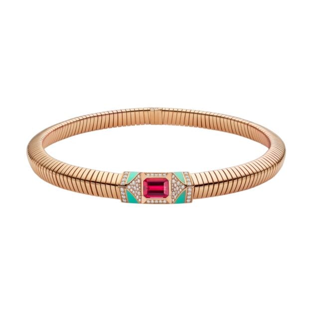 Bulgari 18k rose gold necklace with rubellite, chrysoprase inserts and pavé diamonds