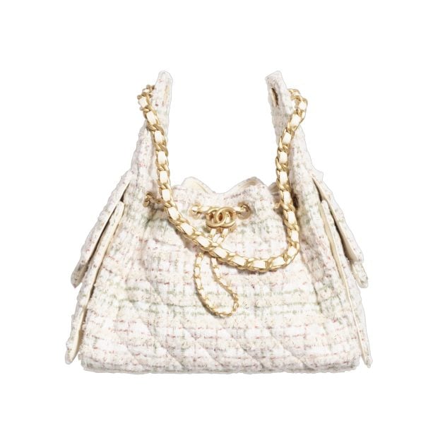 Chanel wool tweed and gold-tone metal purse with ecru, khaki, gold and red accents