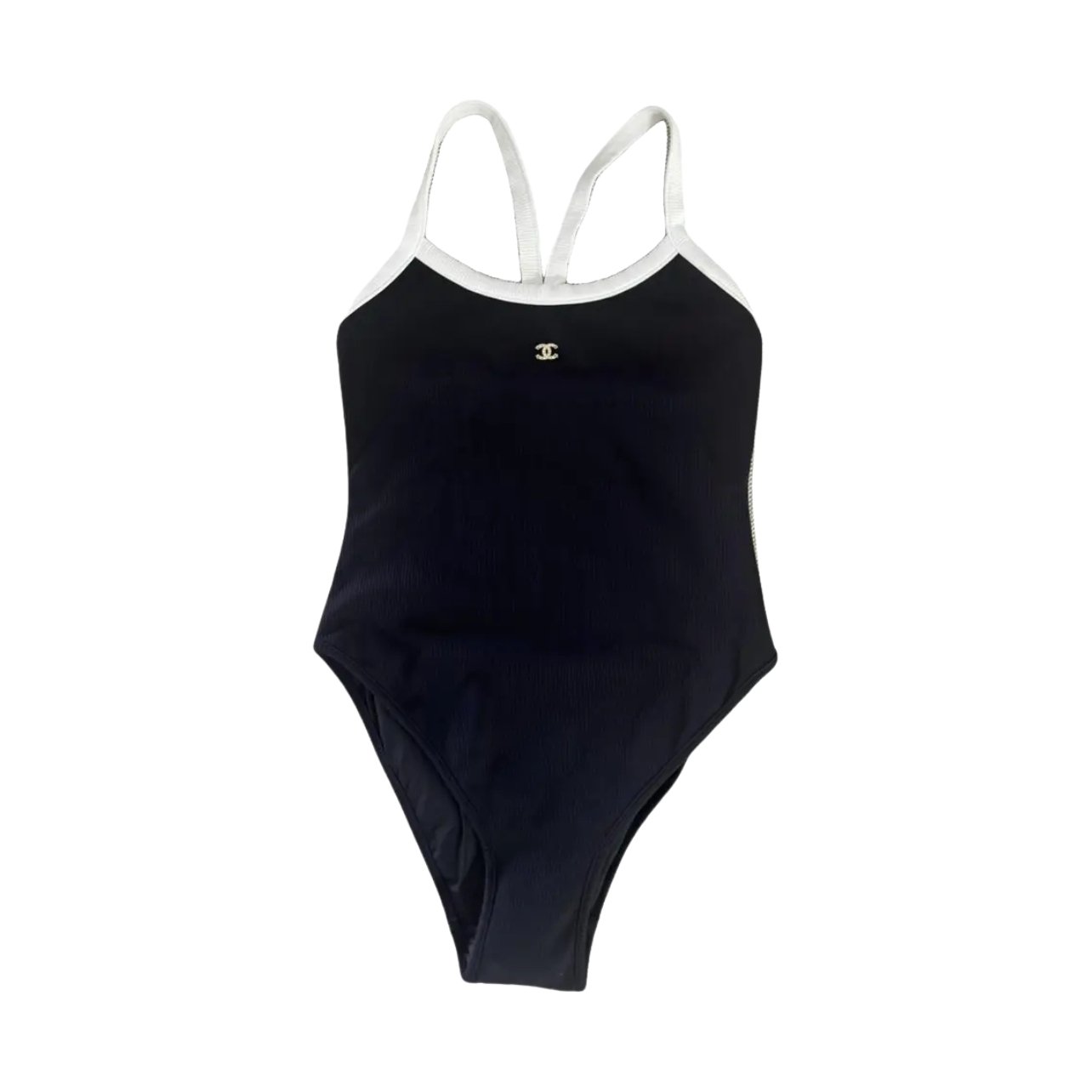 Chanel classic one-piece swimsuit in black with a white border and gold logo