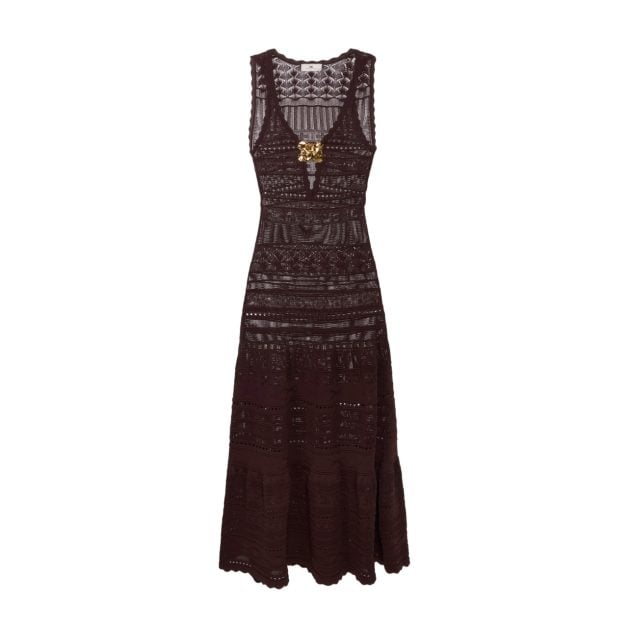 Elisabetta Franchi brown viscose sleeveless v-neck dress with scalloped edges and a gold flower on the bust