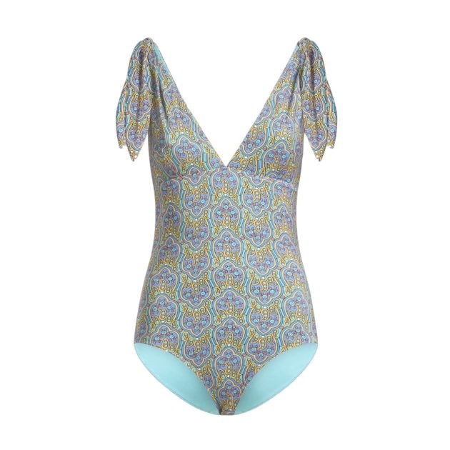 Etro one-piece swimsuit with a v-neckline, blue and yellow paisley print, and bow details on the shoulders