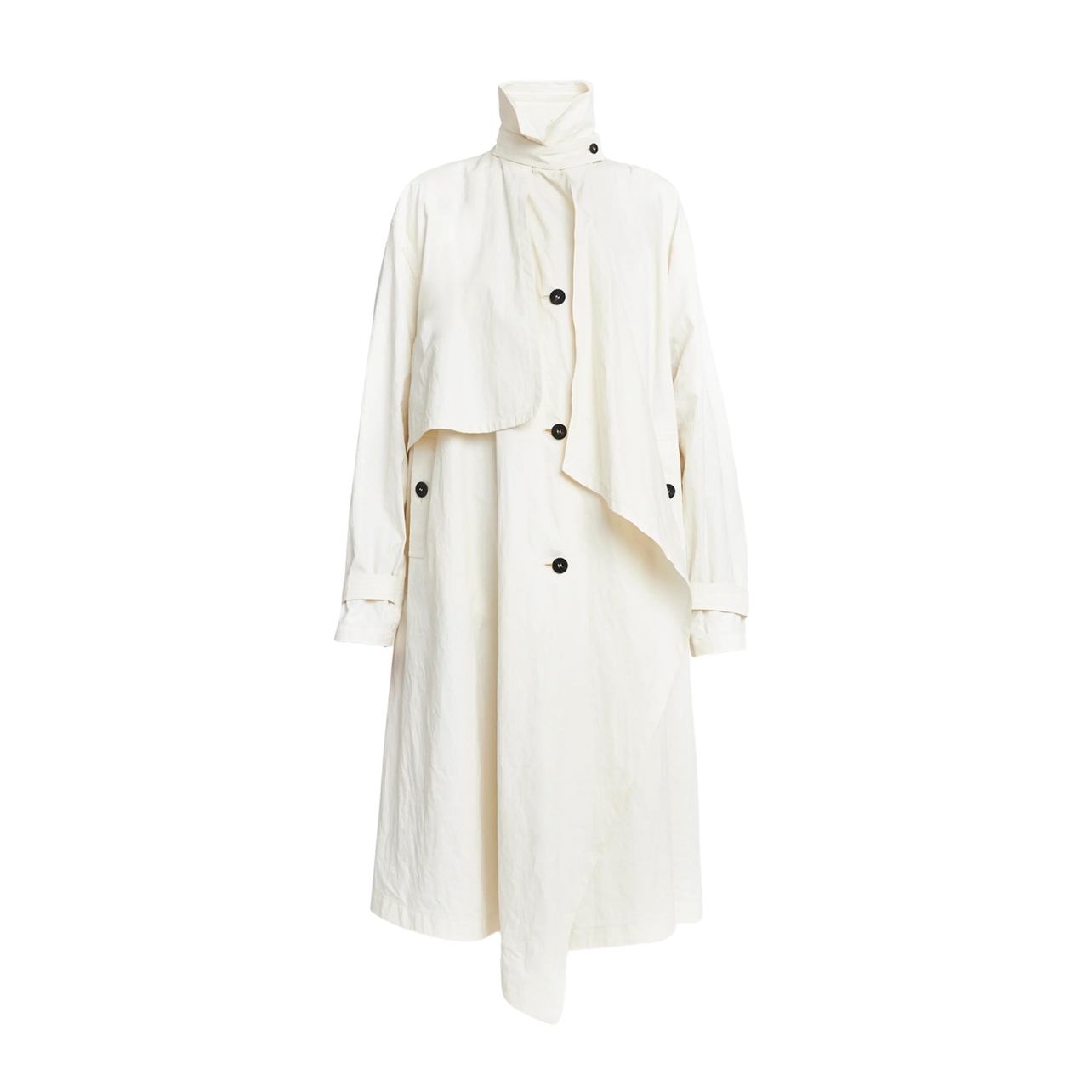 Ferragamo cream linen oversized trench coat with black buttons and a point collar