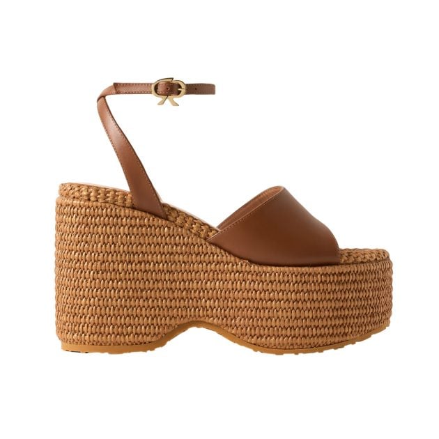 Gianvito Rossi raffia and brown leather round toe sandals with an ankle strap and ribbon buckle