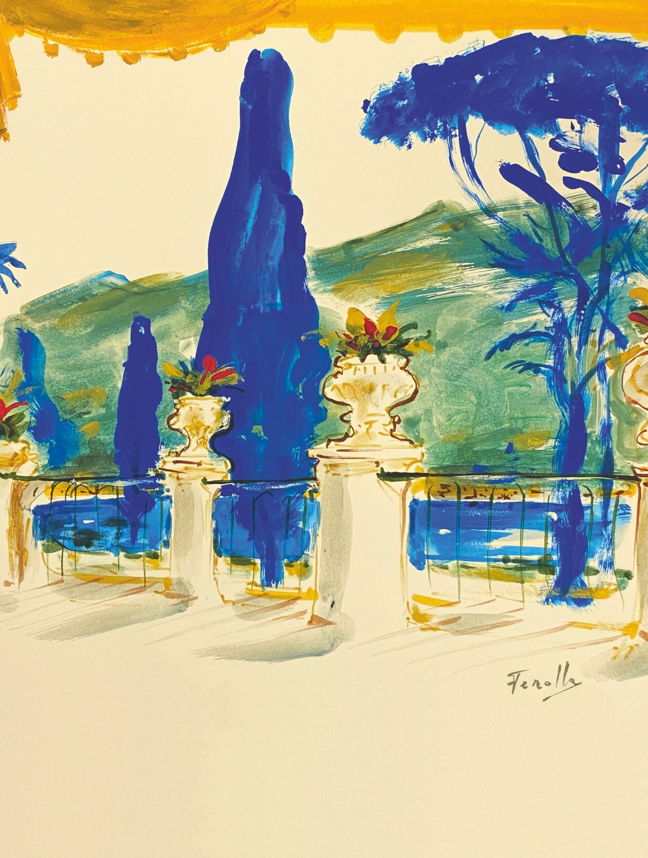 A painting of the Passalacqua hotel featuring the pool, with blue and green tones throughout the scene