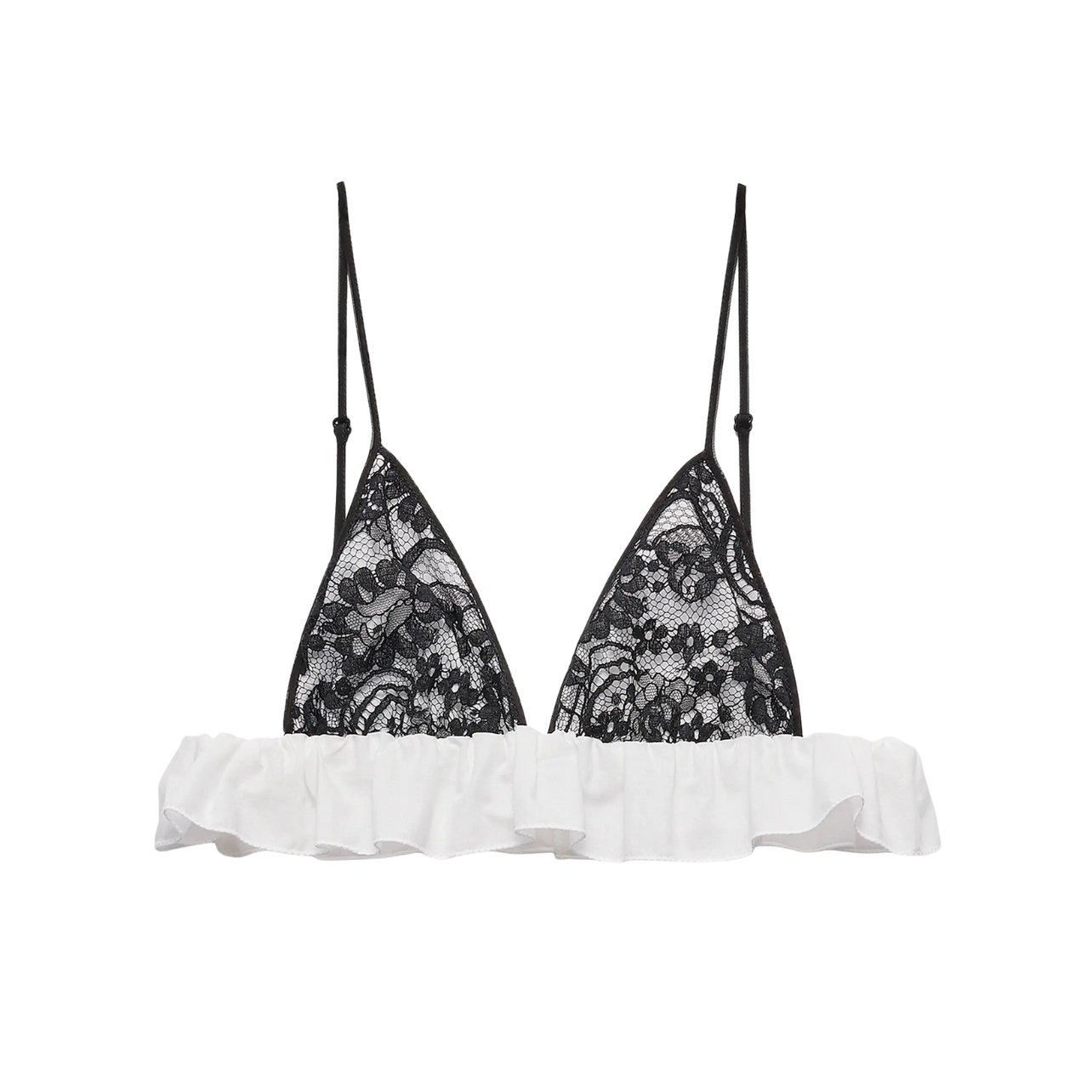 Prada lace bralette top with black lace and white ruffles