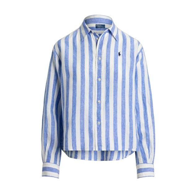 Ralph Lauren button-up collard linen shirt with blue and white stripes
