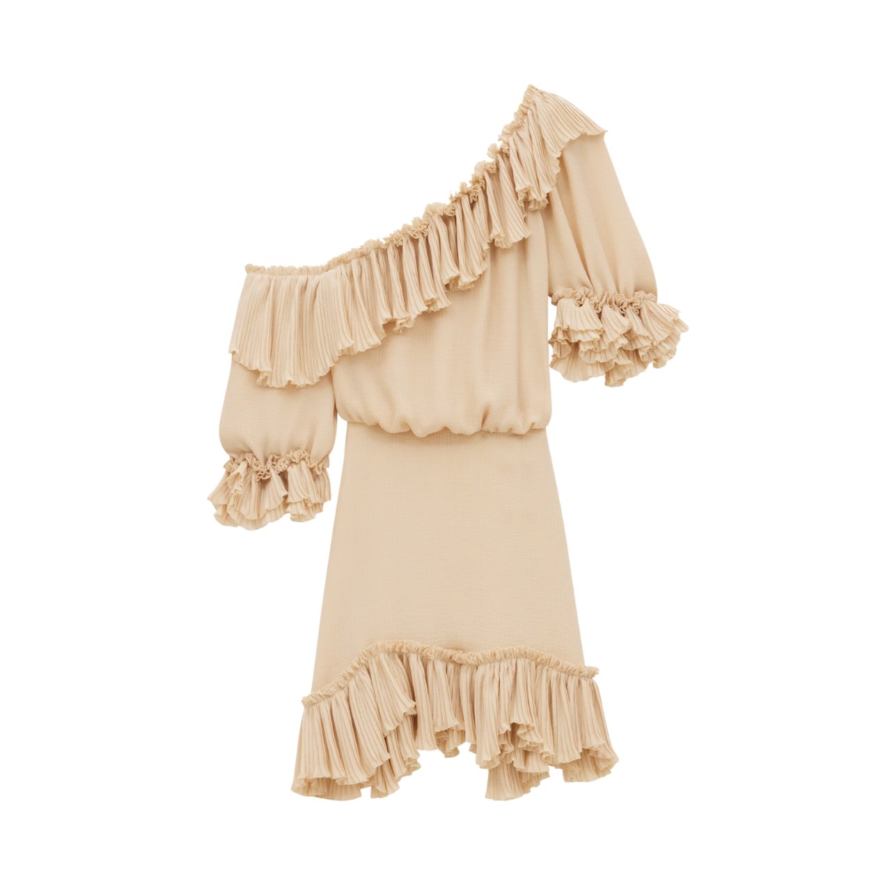 Saint Laurent one-shoulder beige ruffled dress in silk crepon muslin