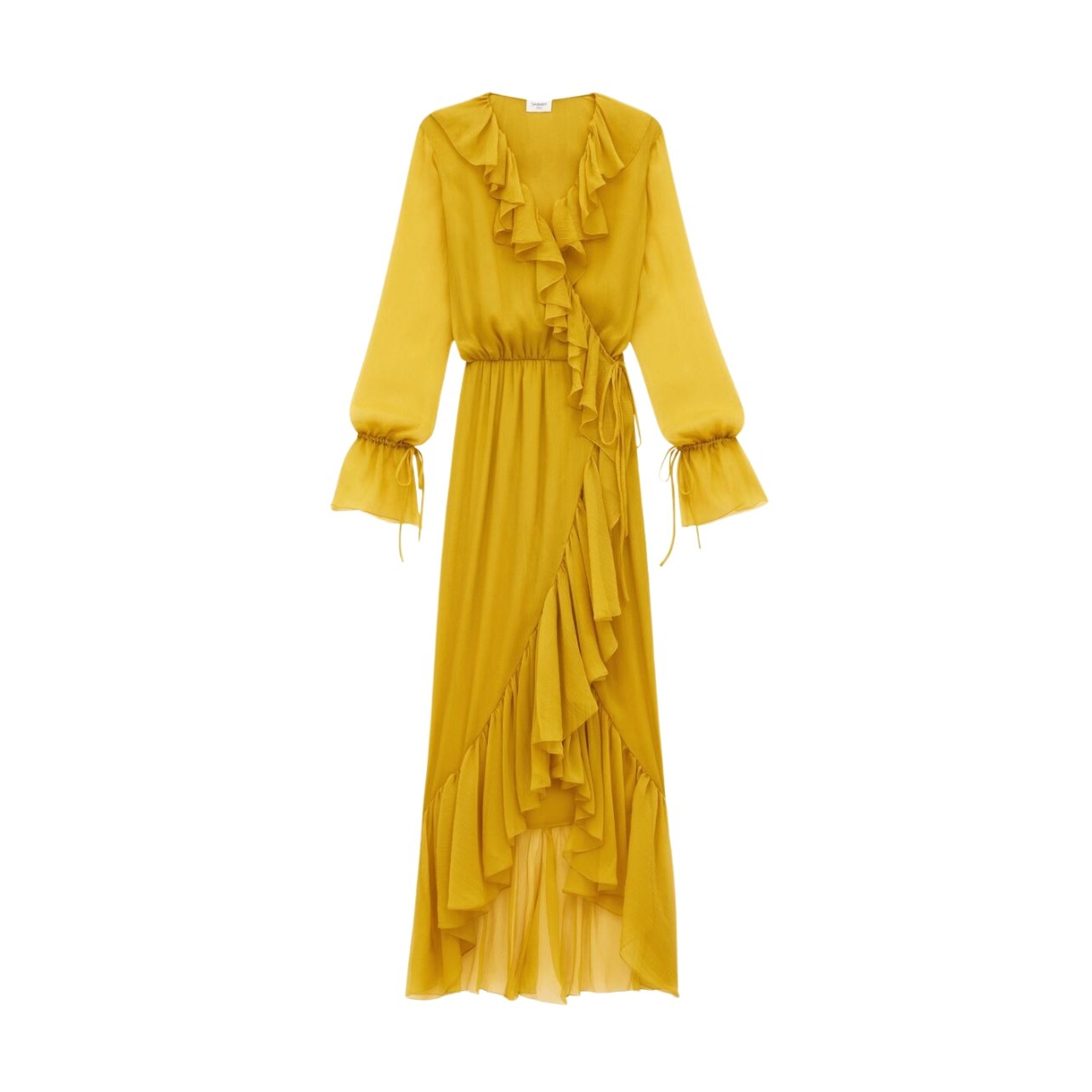 Saint Laurent long ruffled yellow dress in crepon muslin with drawstring poet cuffs