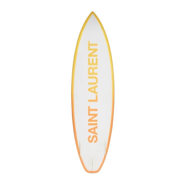 Saint Laurent surfboard with an orange and yellow monogram of Saint Laurent