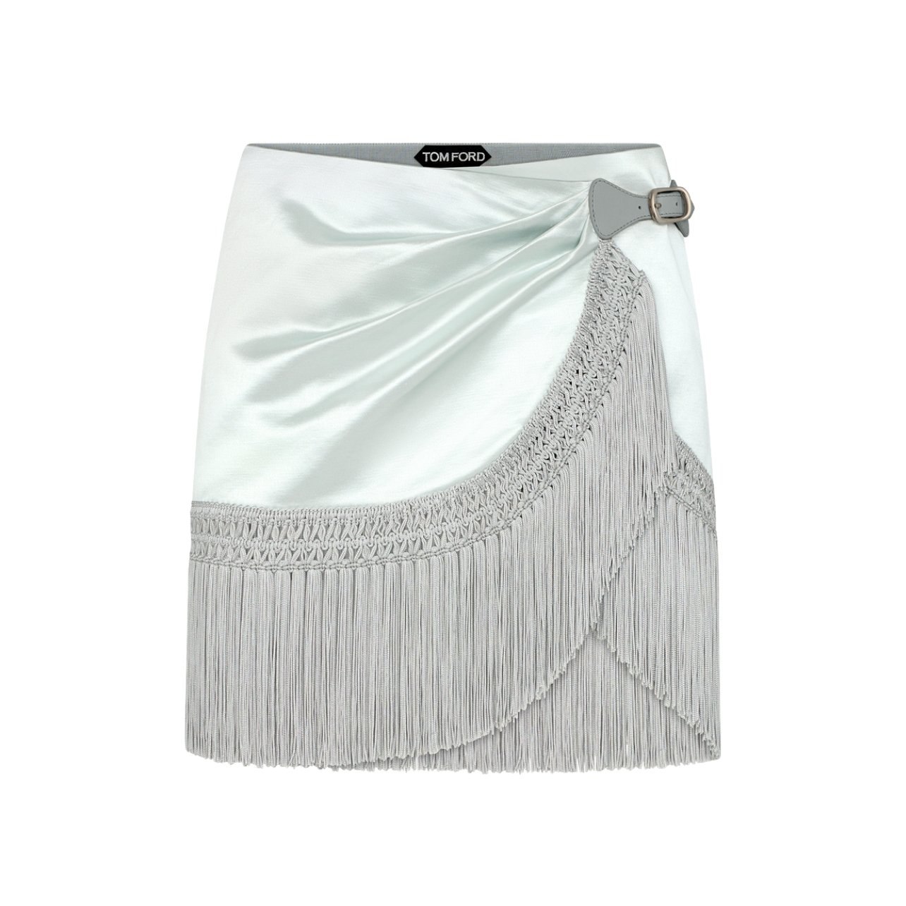 Tom Ford mini wrap skirt with fringe and leather detailing in the color stone