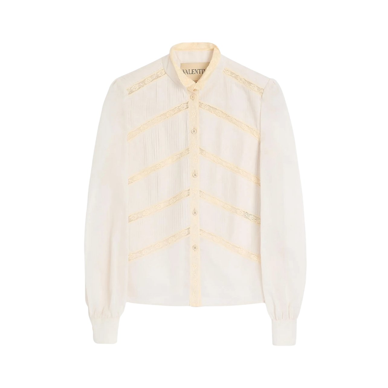 Valentino Garavani silk button down dress shirt with lace detailing and mother of pearl buttons