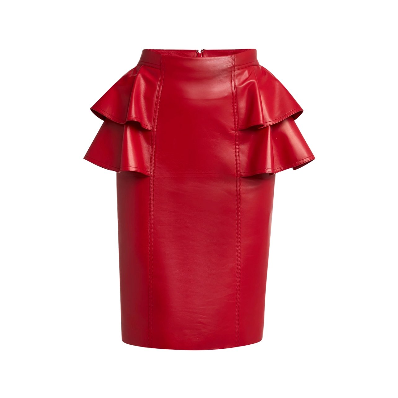 Valentino red leather pencil skirt with ruffles