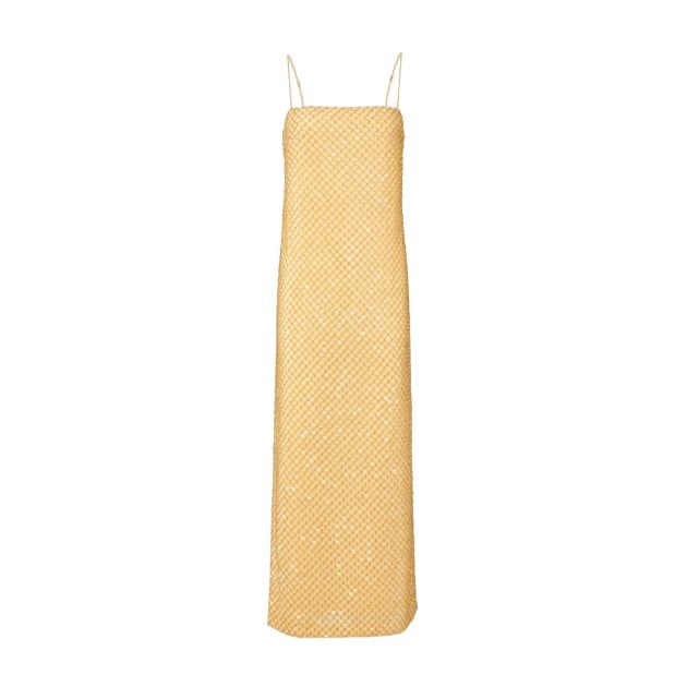 Veronica Beard petra beaded midi dress in a chamomile yellow with an intricate netted pattern and square neckline