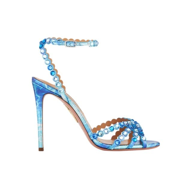 Aquazzura stiletto blue heels with blue gems and a water print design