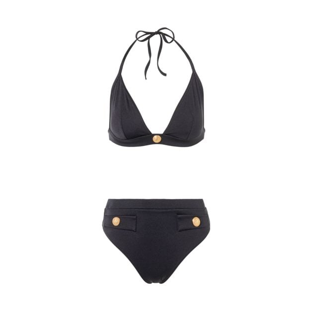 Balmain black high-rise bikini with gold button embellishments