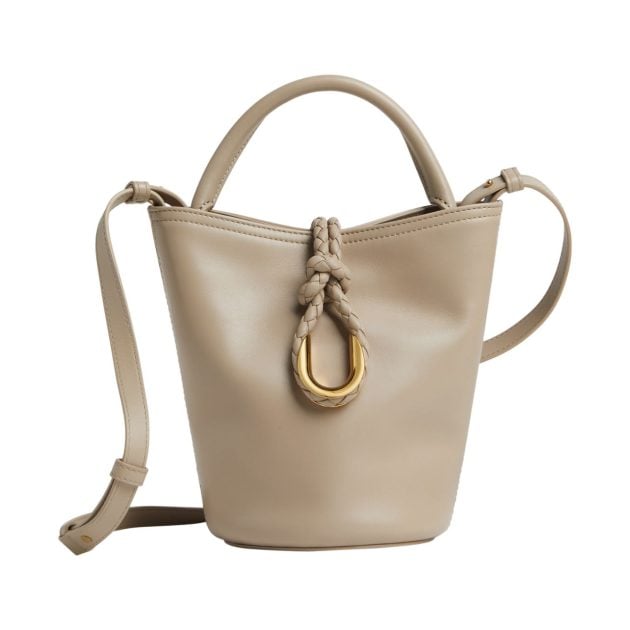 Bottega Veneta tan bucket bag with a gold hardware
