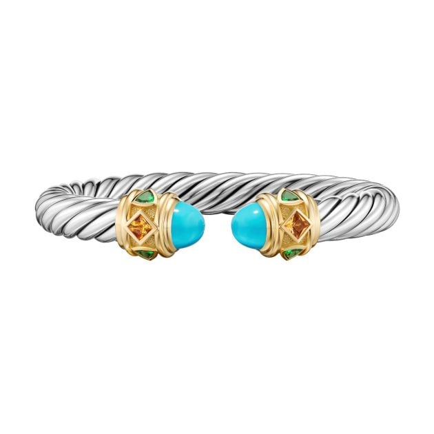 David Yurman gold bracelet with turquoise, tsavorites, and tanzanites