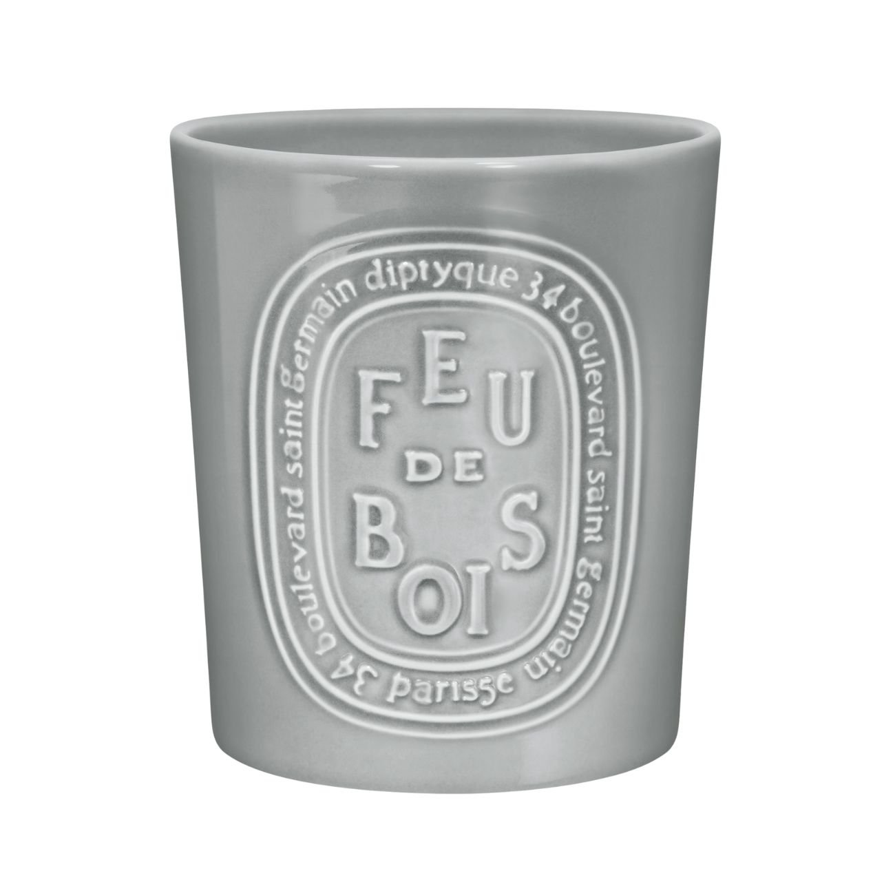 Diptyque Feu de Bois candle in a grey glass container