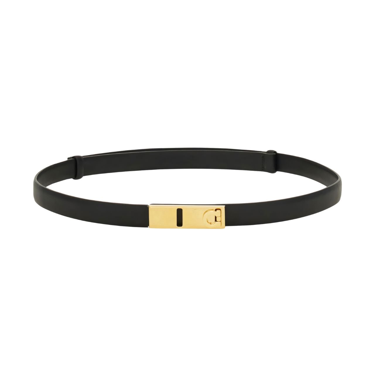 Ferragamo extendable hug belt with a black band and gold hardware