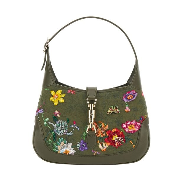 Gucci green purse with embroidered flowers