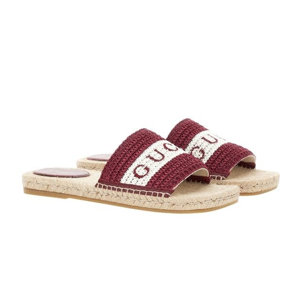 Gucci raffia slide sandals with a maroon and white striped design