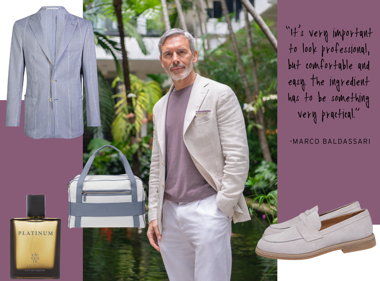 Marco Baldassari, cofounder and creative director of Eleventy, standing among palm trees at Bal Harbour Shops wearing a blazer with product surrounding him
