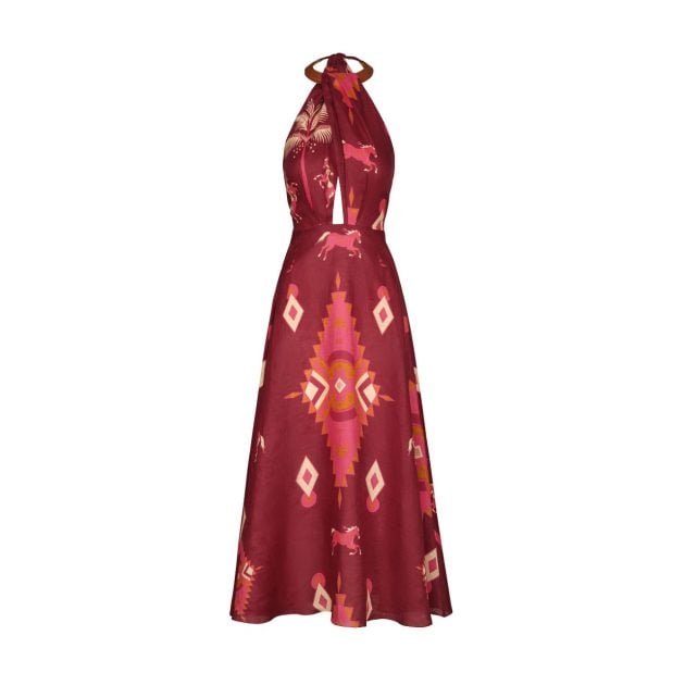 Johanna Ortiz red silk dress with horses, trees and western aztec patterns