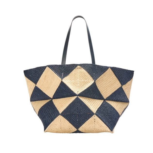 Loewe raffia black and tan checkered print woven bag
