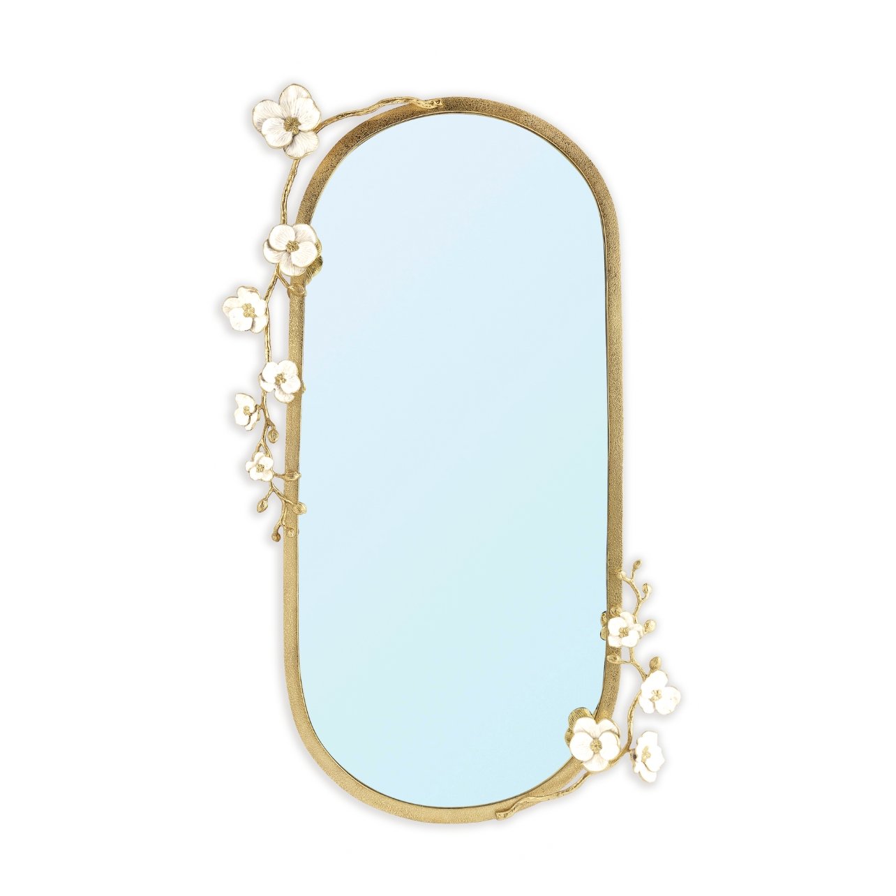 An oval mirror with a gold border lined with white orchids