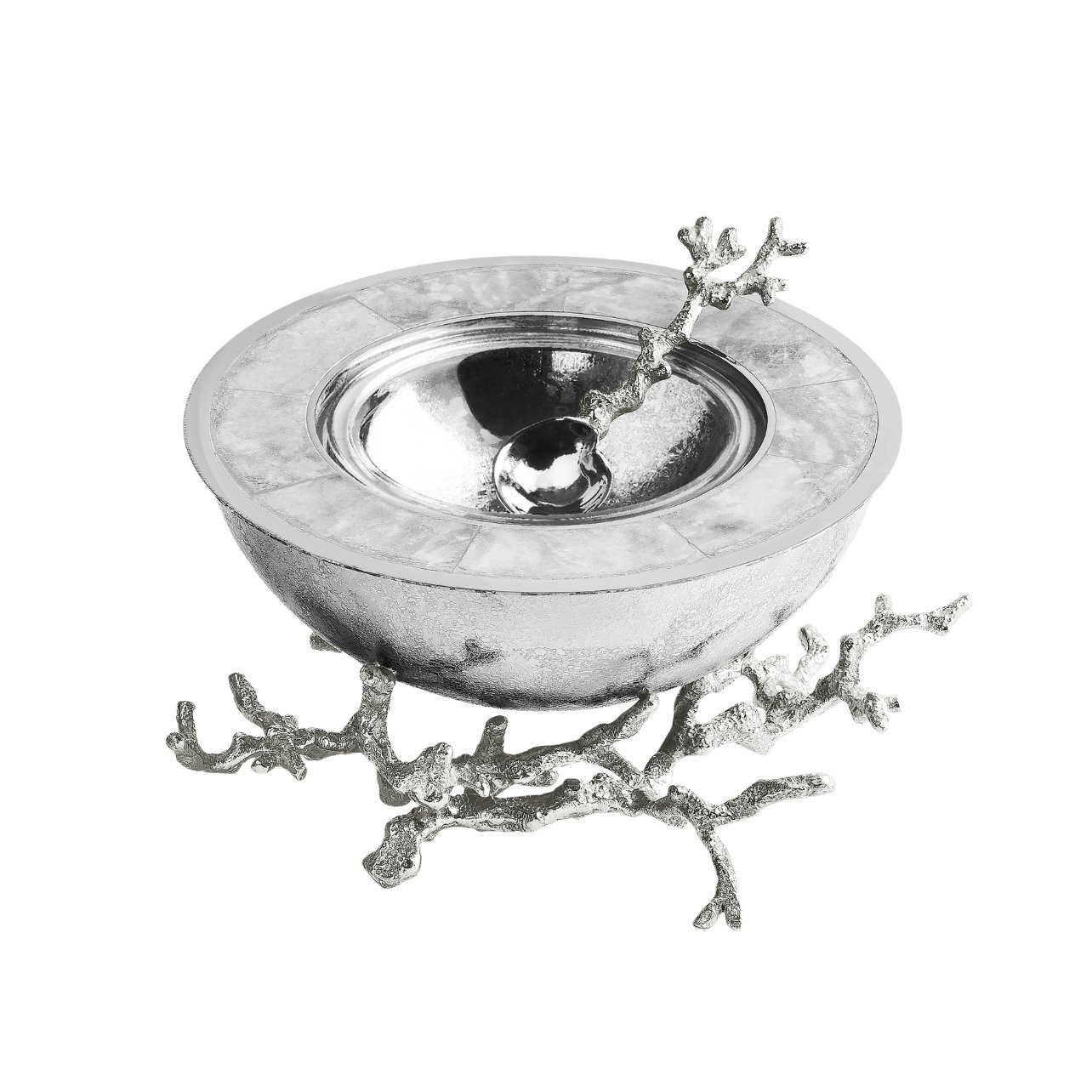 An ocean reef inspired silver caviar dish with a silver spoon