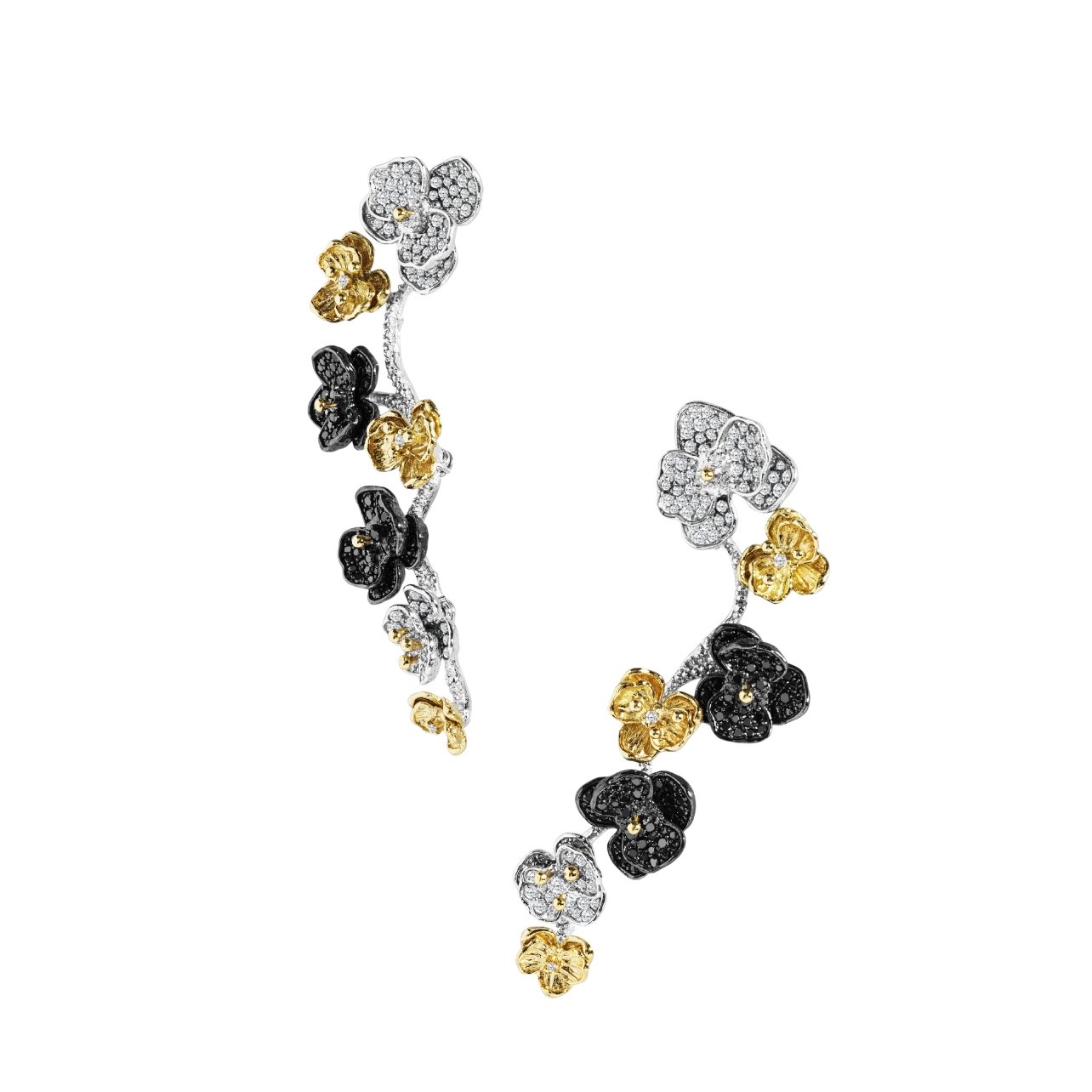 Silver, Gold, and Black Orchid drop earrings with diamonds