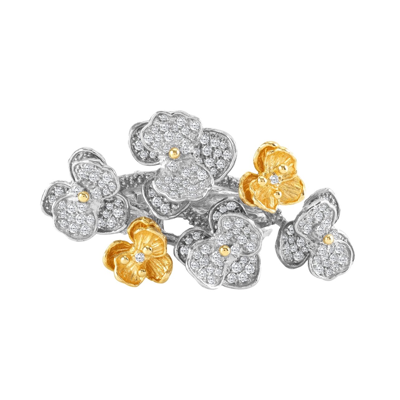 A silver and gold orchid cluster ring with white diamonds